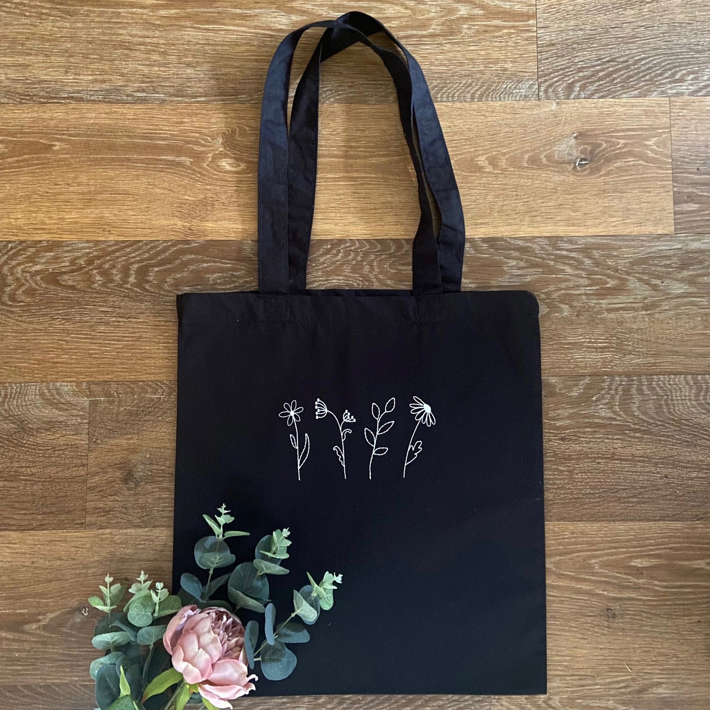 Wildflower Design Embroidered Organic Cotton Tote Bag