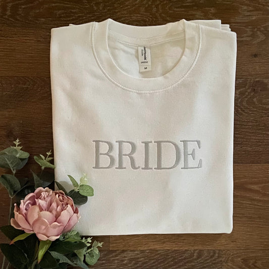 White "Bride" Embroidered Adults Long Sleeved Sweatshirt