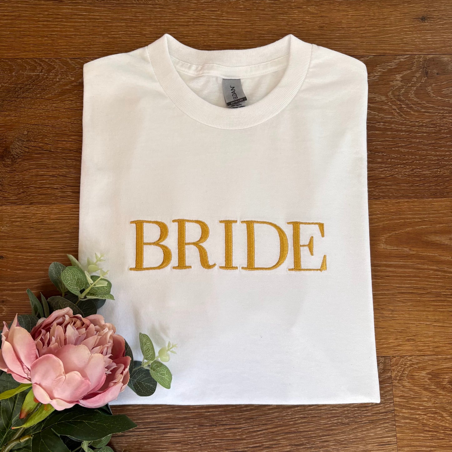 White "Bride" Embroidered Adults Short Sleeved T-Shirt. Hen-do. Bride Gift