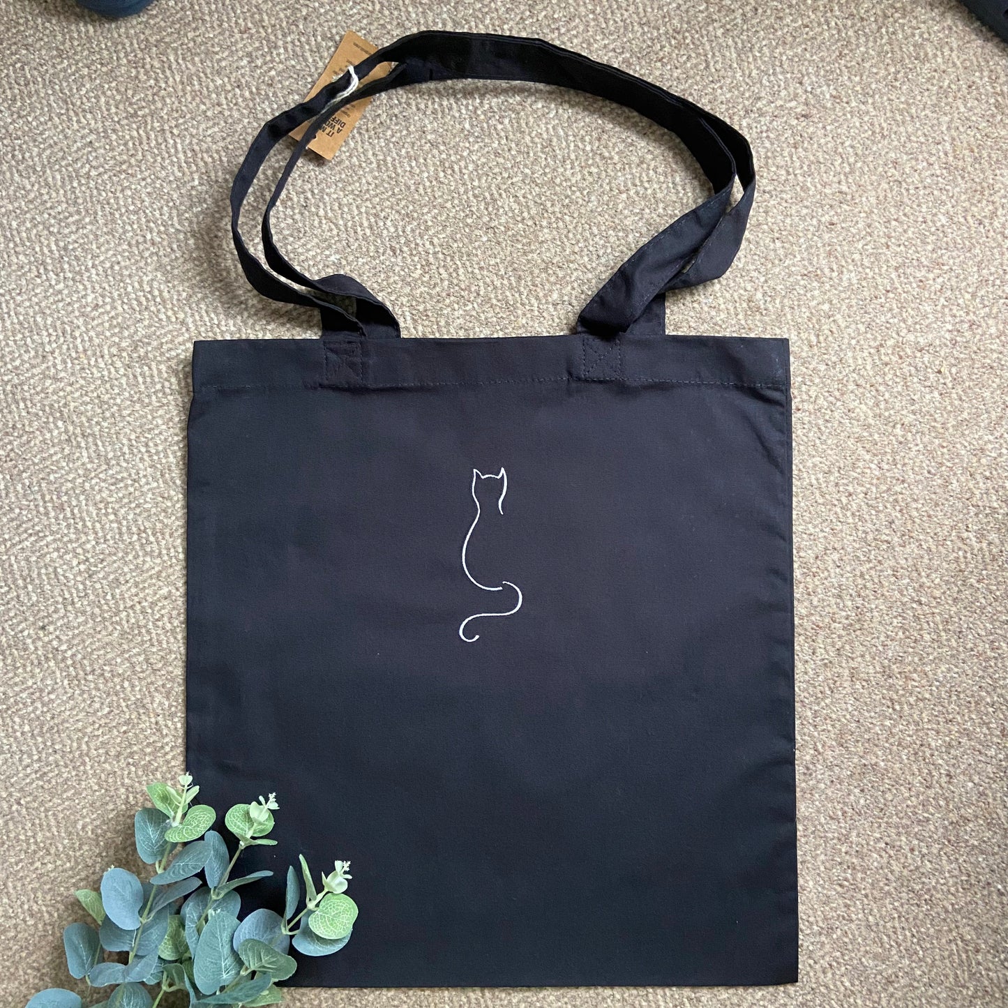 Cat Design Embroidered Organic Tote Bag