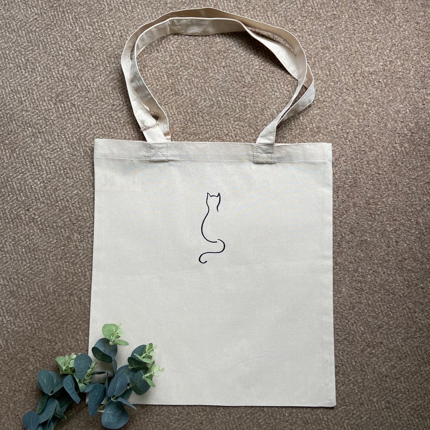 Cat Design Embroidered Organic Tote Bag