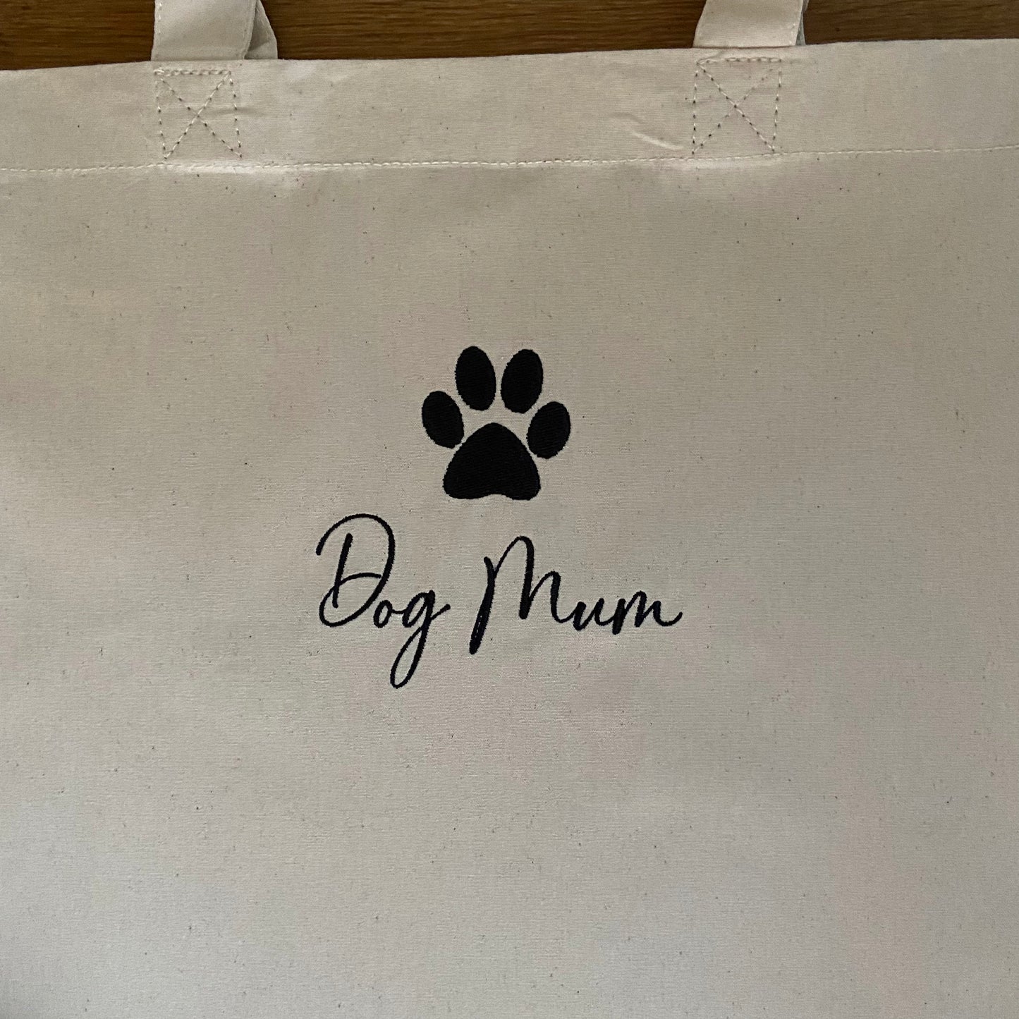 Dog Mum With Paw Print Embroidered Organic Cotton Tote Bag. Puppy Gift Idea