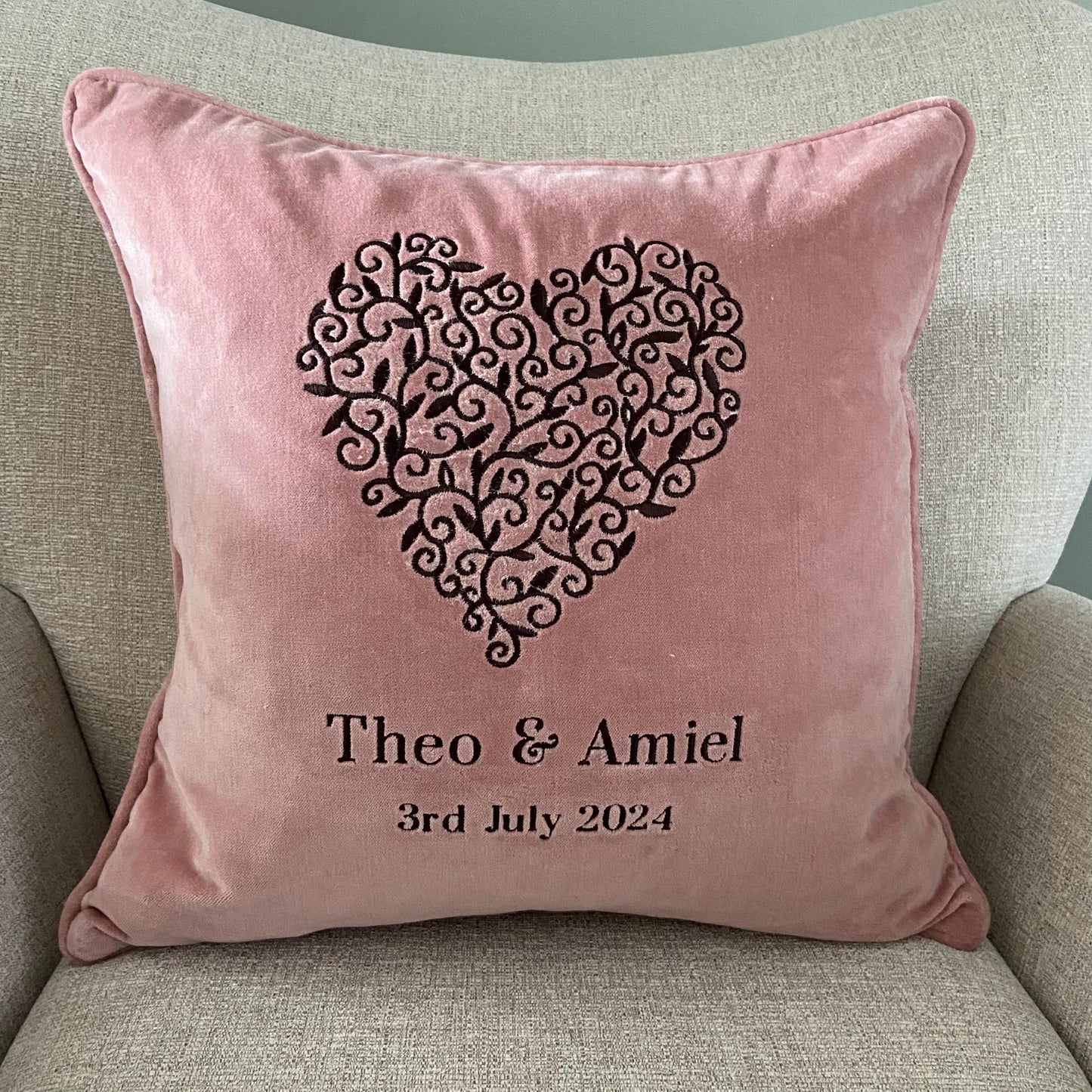 Detailed Love Heart Personalised with Couples Names and Date Embroidered Cushion