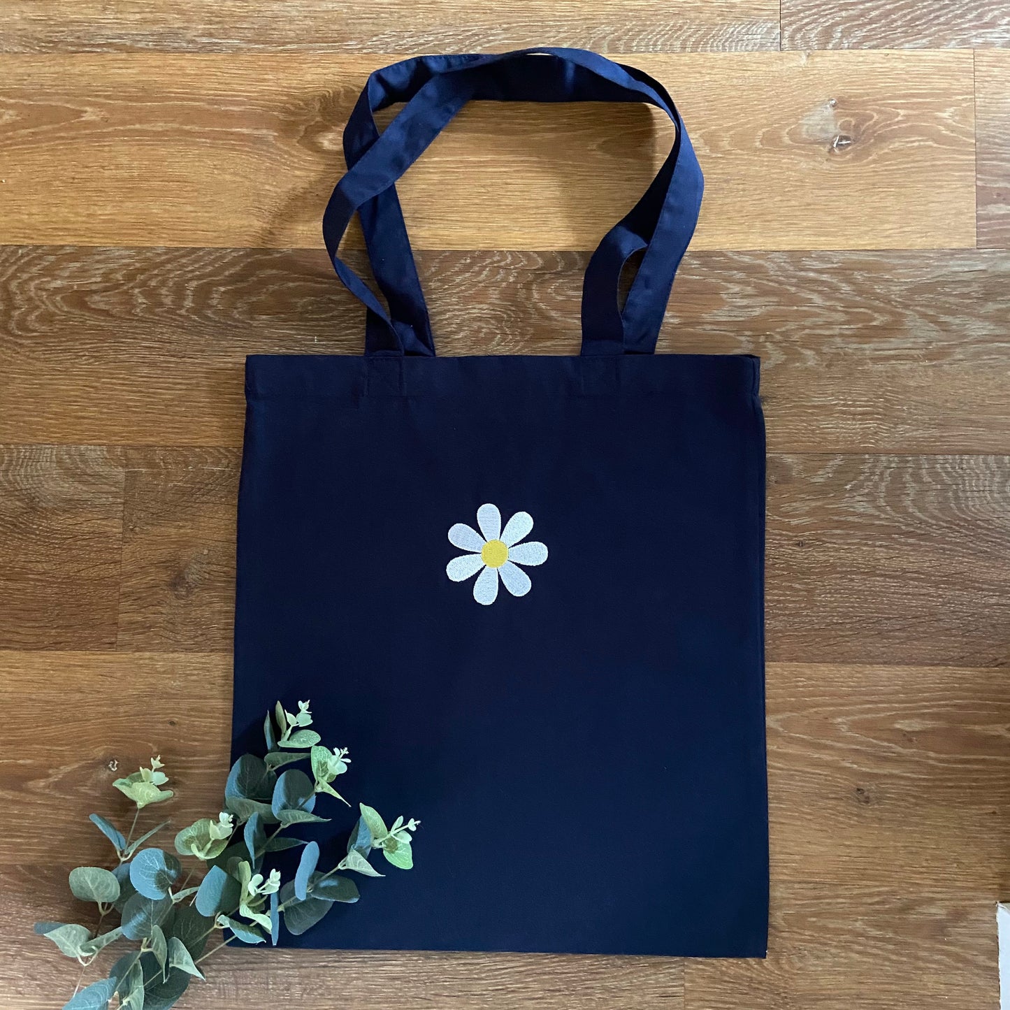 Daisy Design Embroidered Organic Cotton Tote Bag. Gift Idea