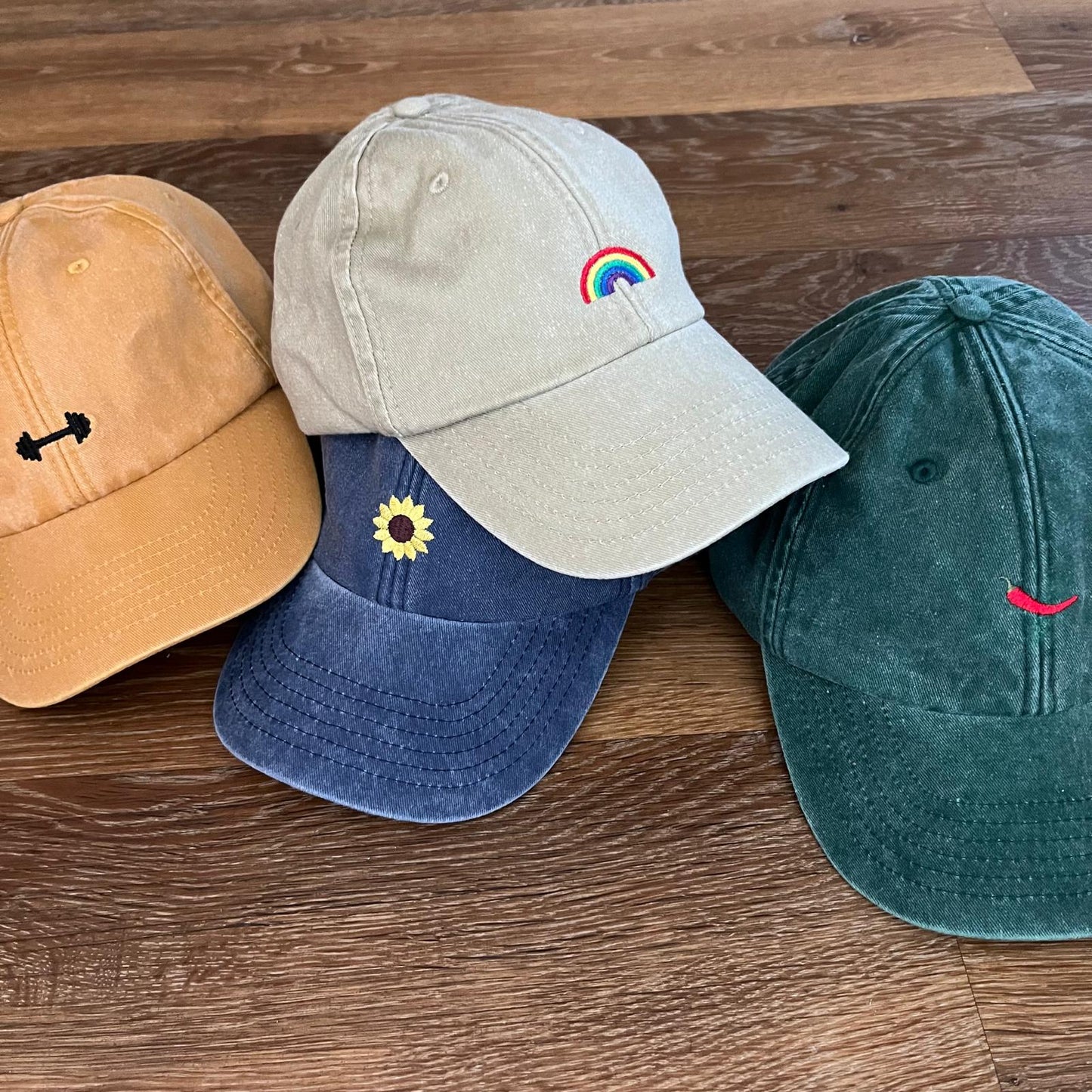 Embroidered Adults Baseball Cap with choice of Dumbell - Sunflower - Chilli Pepper or Rainbow Design