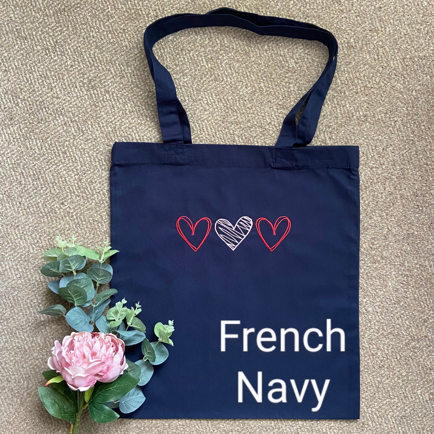 Trio Heart Embroidered Organic Tote Bag