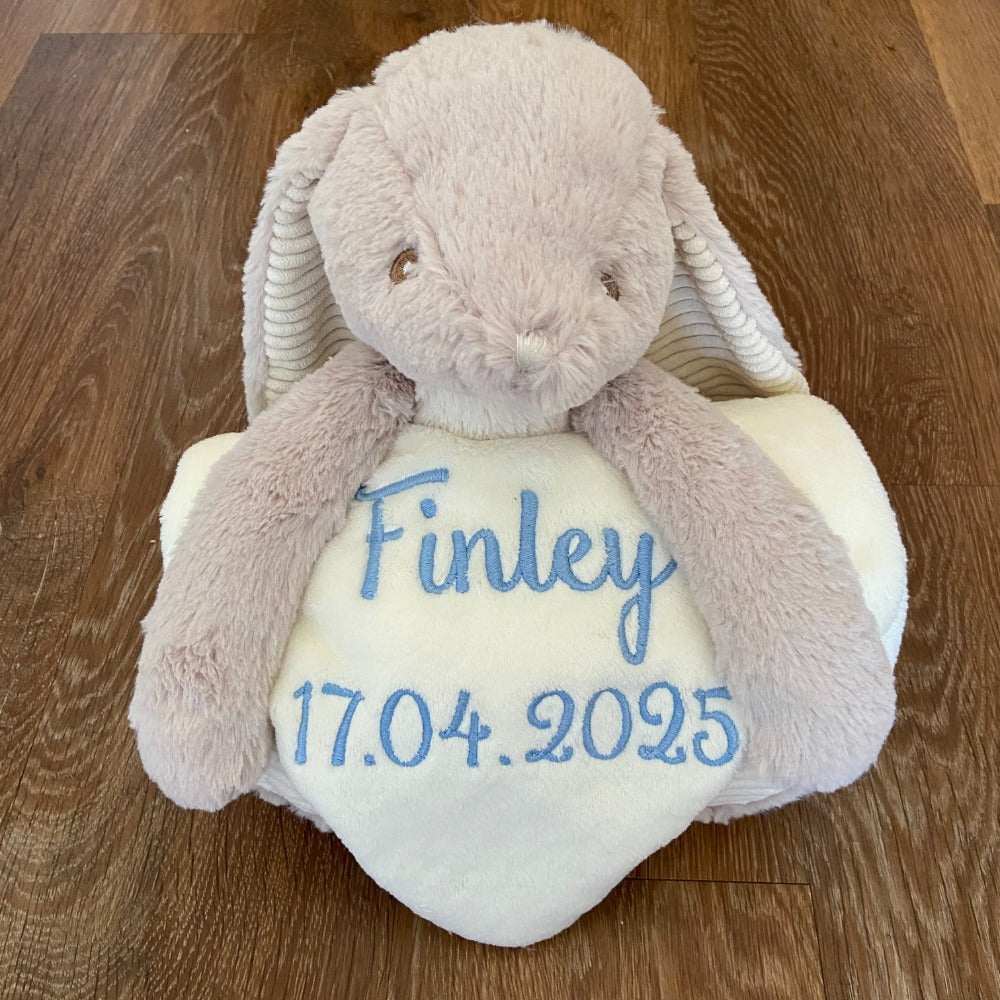 Fluffy Toy Rabbit with personalisable fleece embroidered blanket - Baby Gift - Christening Gift