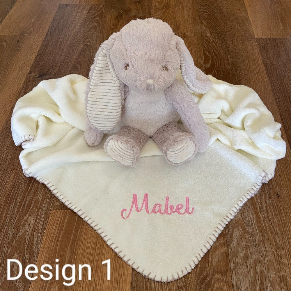 Fluffy Toy Rabbit with personalisable fleece embroidered blanket - Baby Gift - Christening Gift
