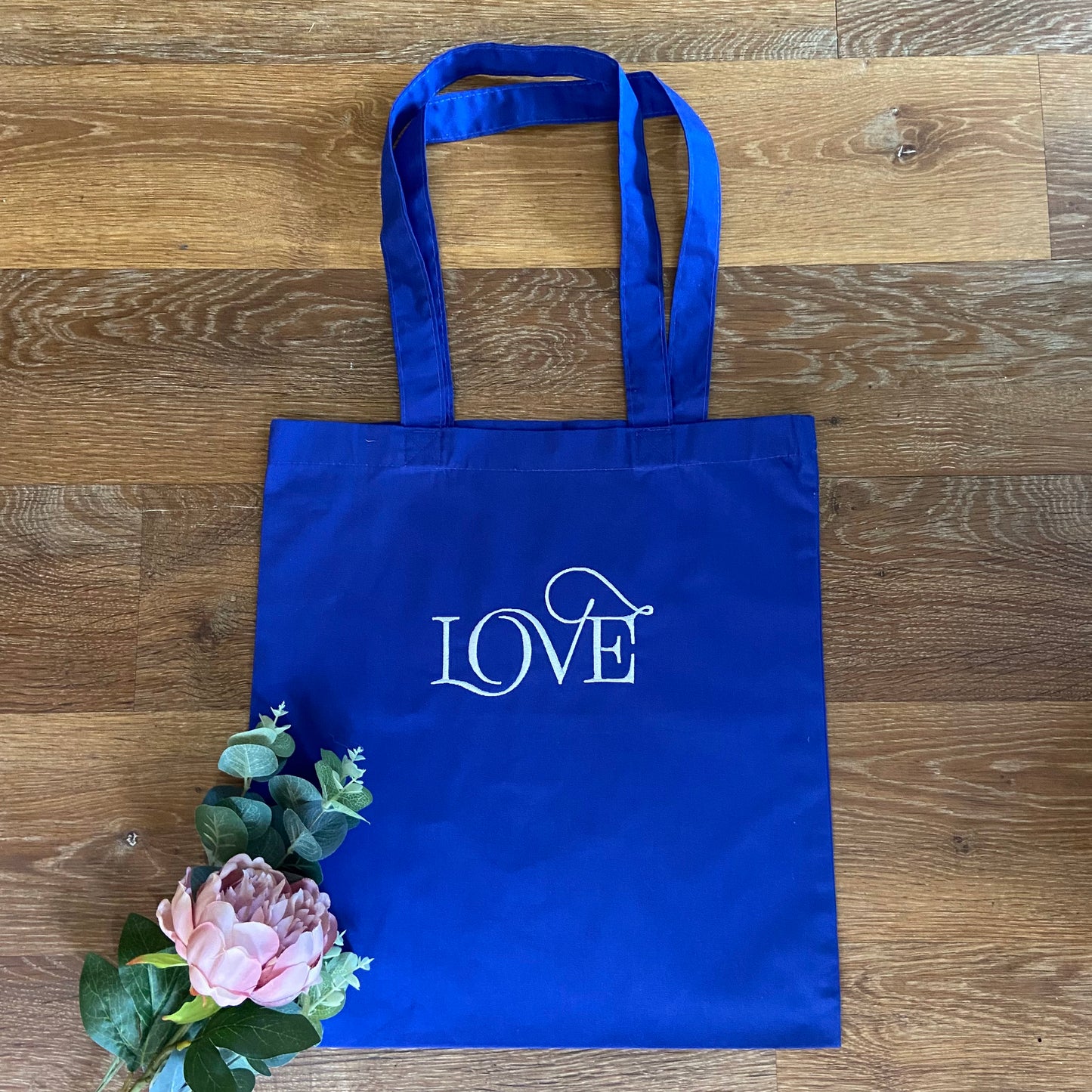 Love in Script Font Embroidered Organic Cotton Tote Bag