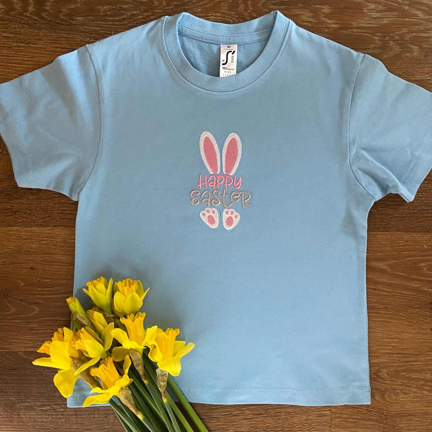 Happy Easter Embroidered Short Sleeve Kids Unisex T-Shirt. Age 2 -12 Years