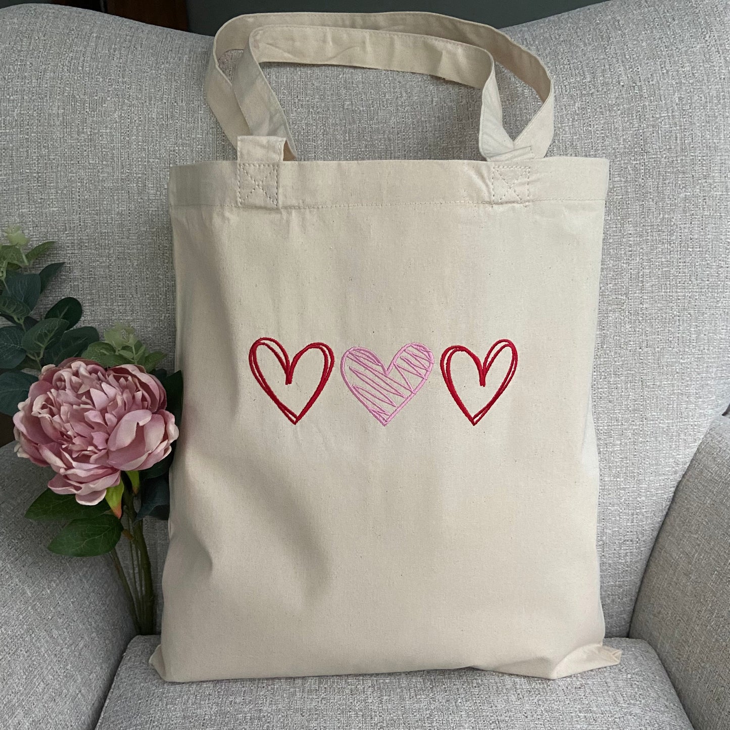 Trio Heart Embroidered Organic Tote Bag