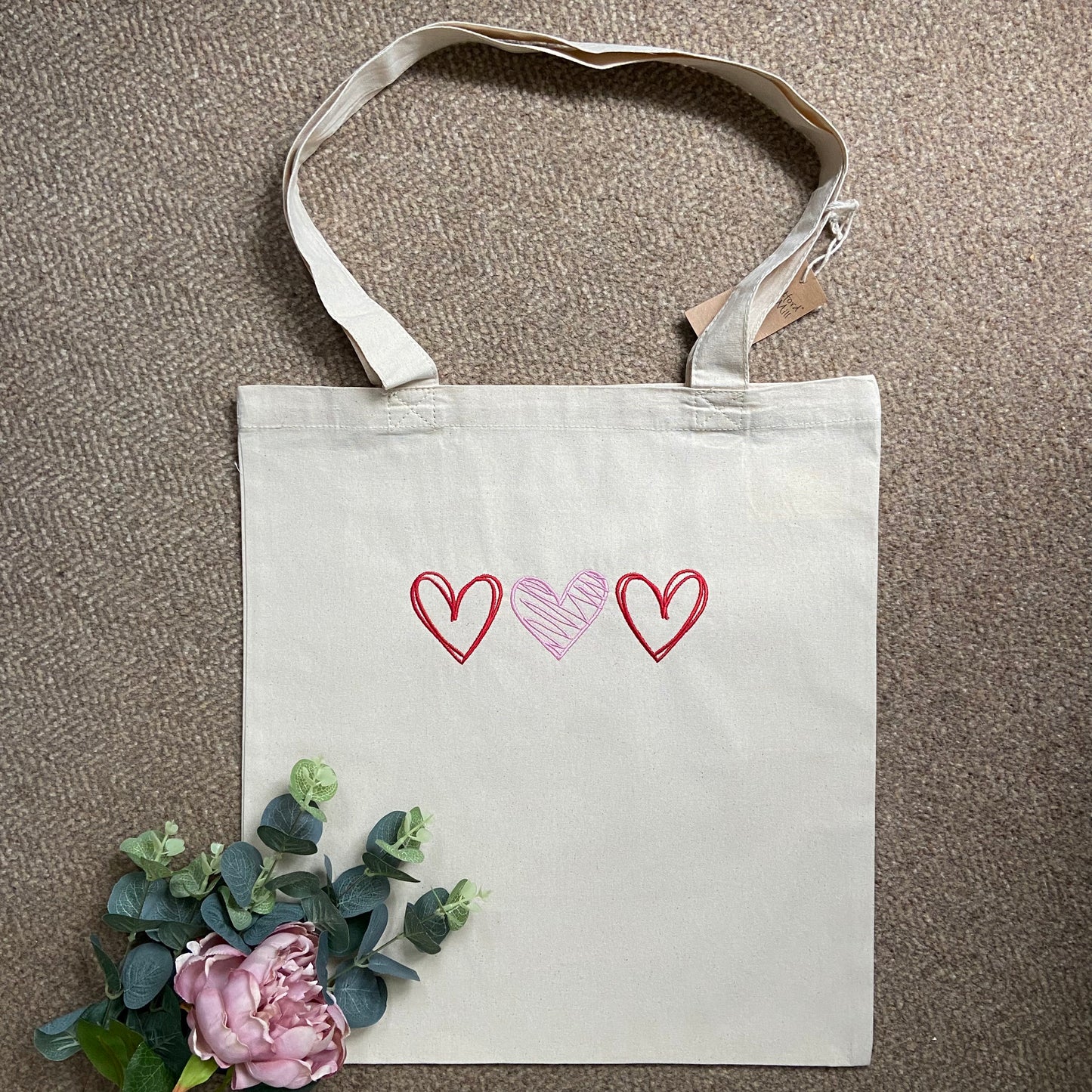 Trio Heart Embroidered Organic Tote Bag