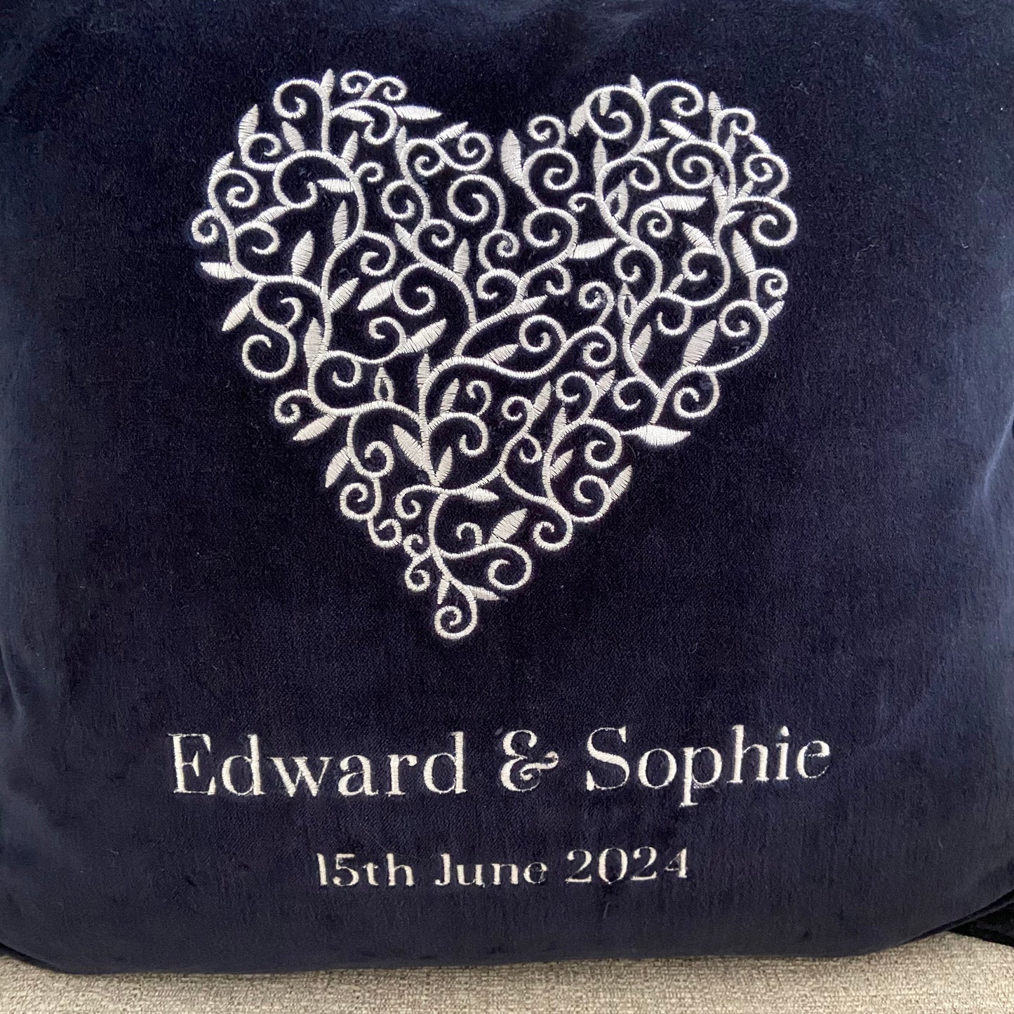 Detailed Love Heart Personalised with Couples Names and Date Embroidered Cushion