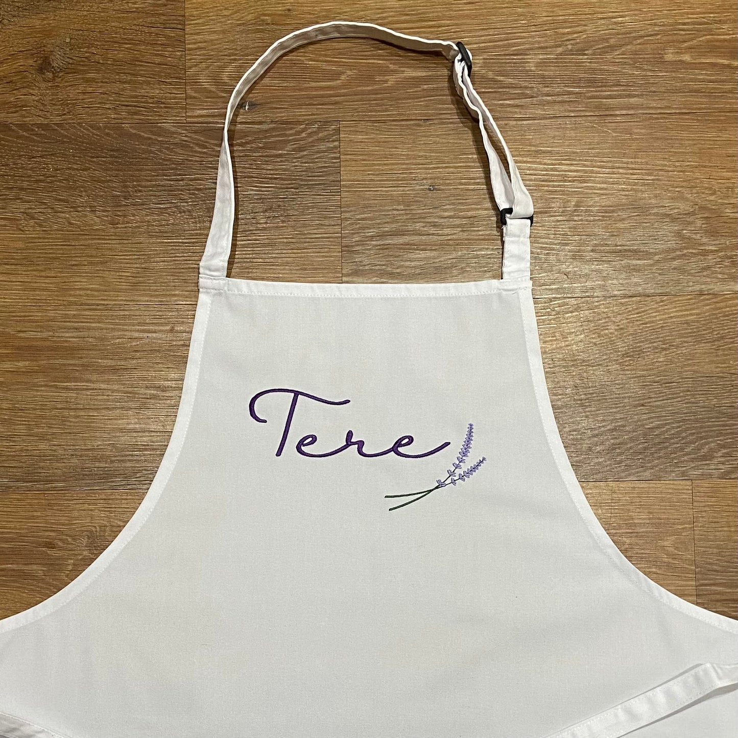 Personalised Embroidered Adults Apron with Lavender Sprig Design