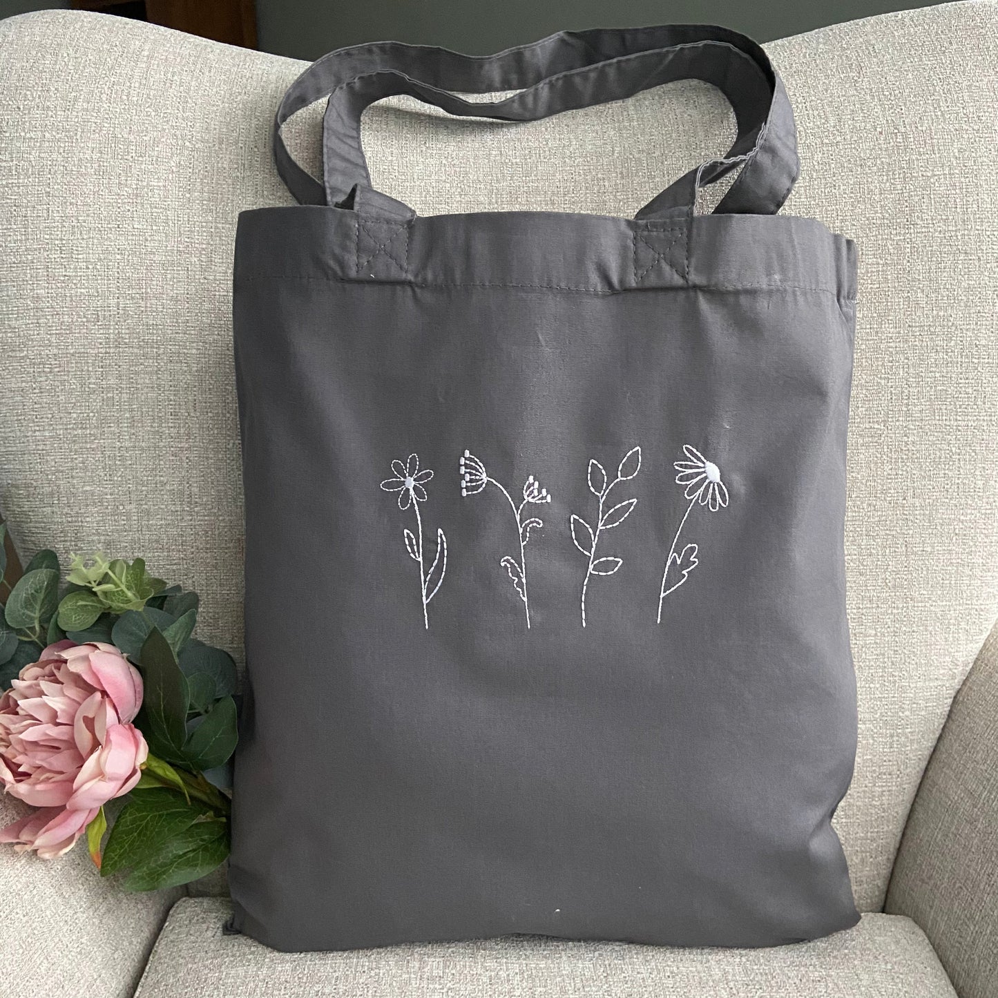 Wildflower Nature Design Embroidered Organic Cotton Tote Bag. Gift Idea