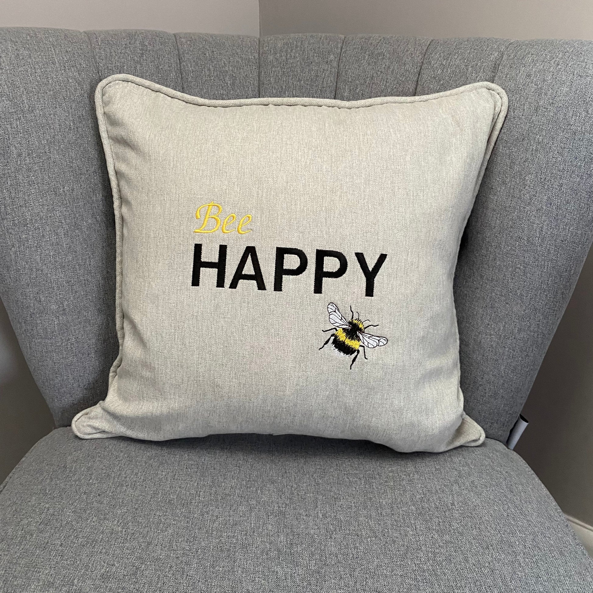 Bee Happy Embroidered Cushion Cover