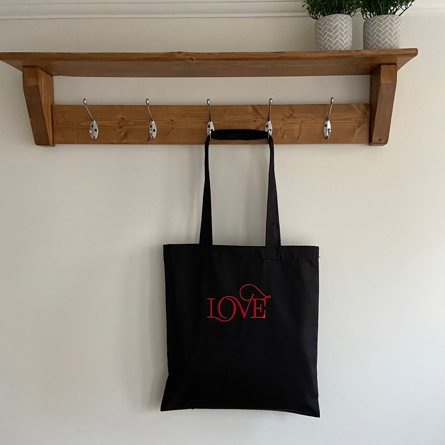 Love in Script Font Embroidered Organic Cotton Tote Bag