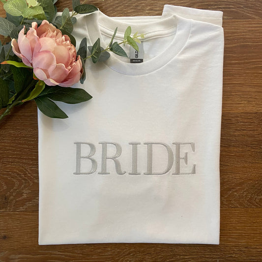 White "Bride" Embroidered Adults Short Sleeved T-Shirt
