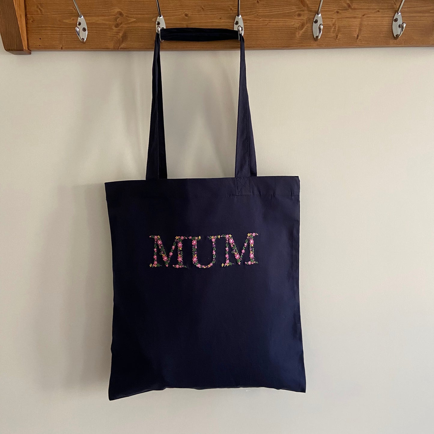 Floral Embroidered Mum or Nan Design Organic Cotton Tote Bag. Gift Idea. Mother's Day