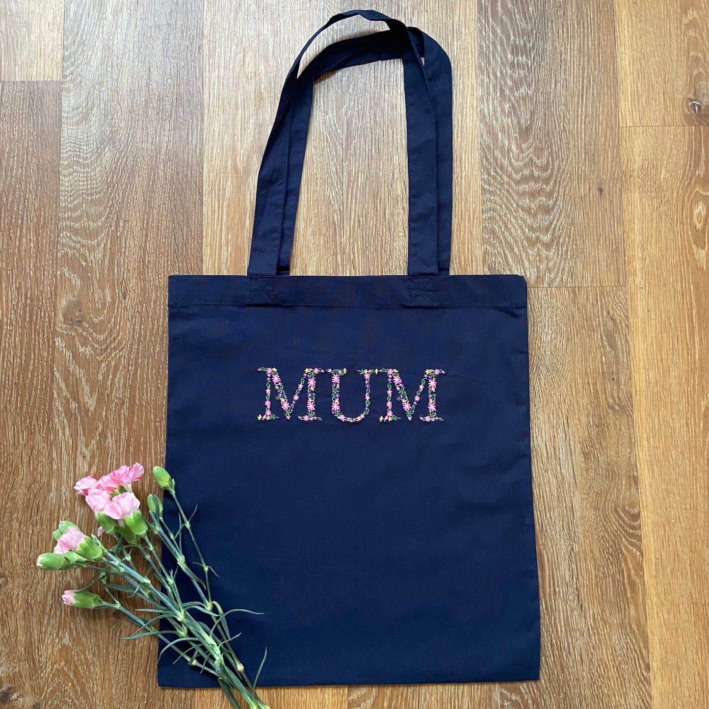 Floral Embroidered Mum or Nan Design Organic Cotton Tote Bag. Gift Idea. Mother's Day