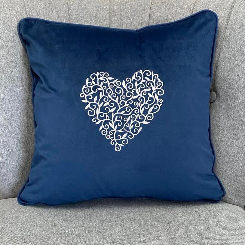 Detailed Heart Velour Embroidered Cushion Cover