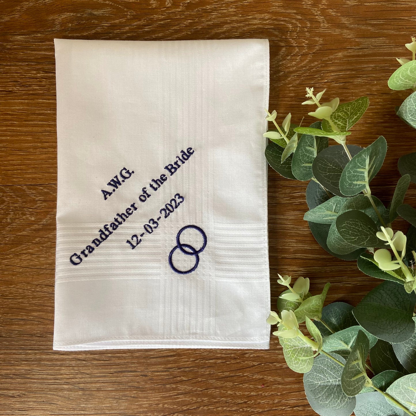 Wedding Keepsake Embroidered White Adults Men's Size Handkerchief. Bride or Groom Party.