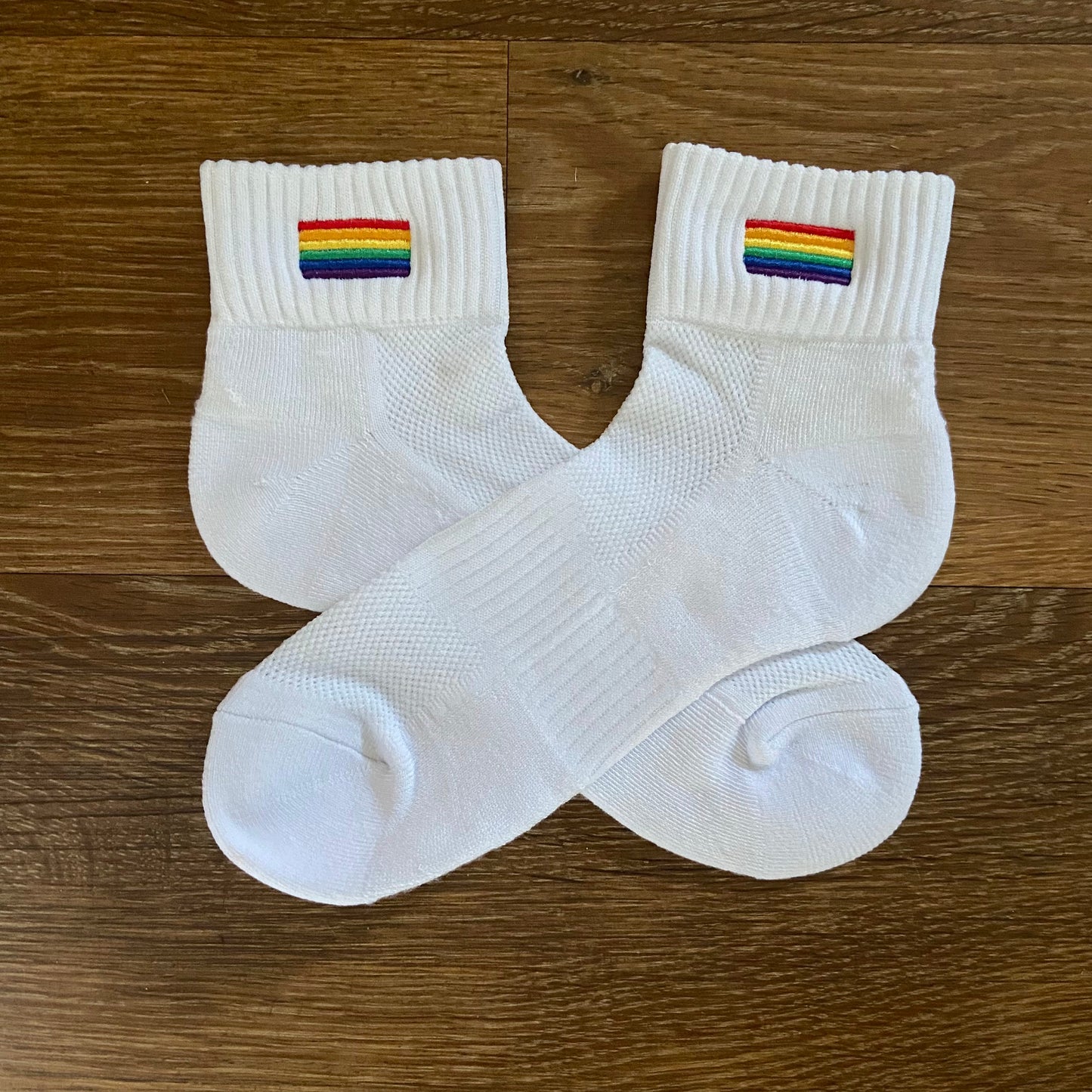 Embroidered Rainbow Flag Pride Unisex White Quarter Socks. Gift Idea