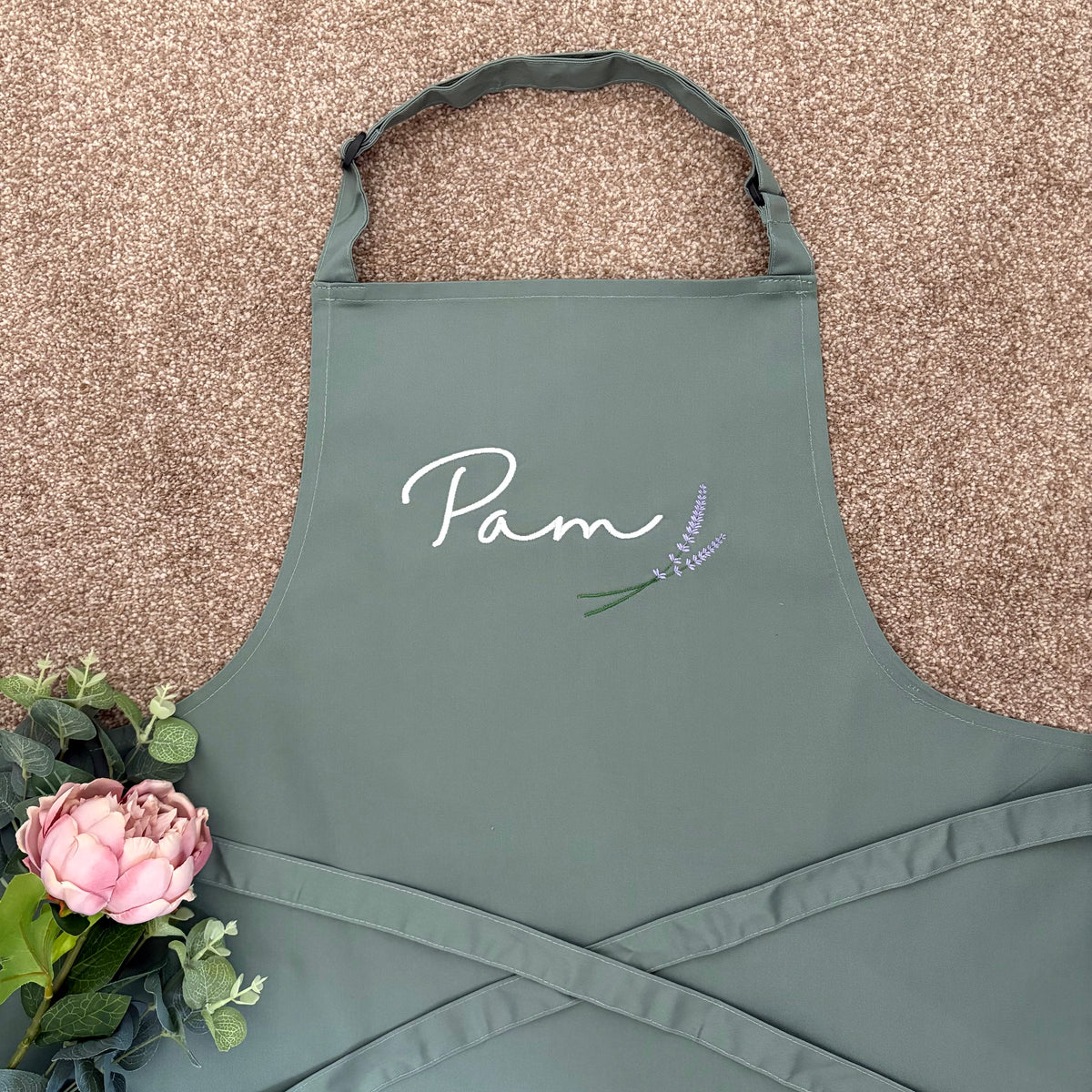 Personalised Embroidered Adults Apron with Lavender Sprig Design. Gift Idea. Mother's Day