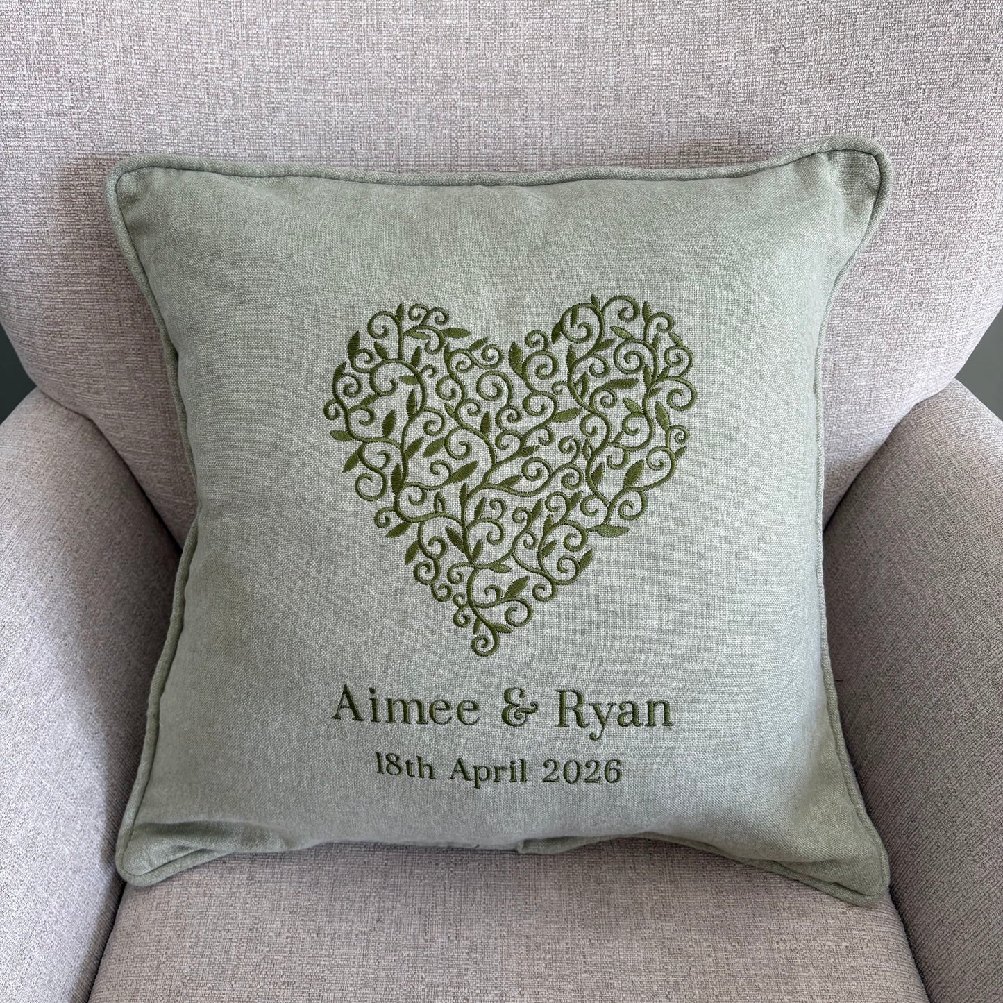 Detailed Love Heart Personalised with Couples Names and Date Embroidered Cushion. Engagement, Wedding Gift